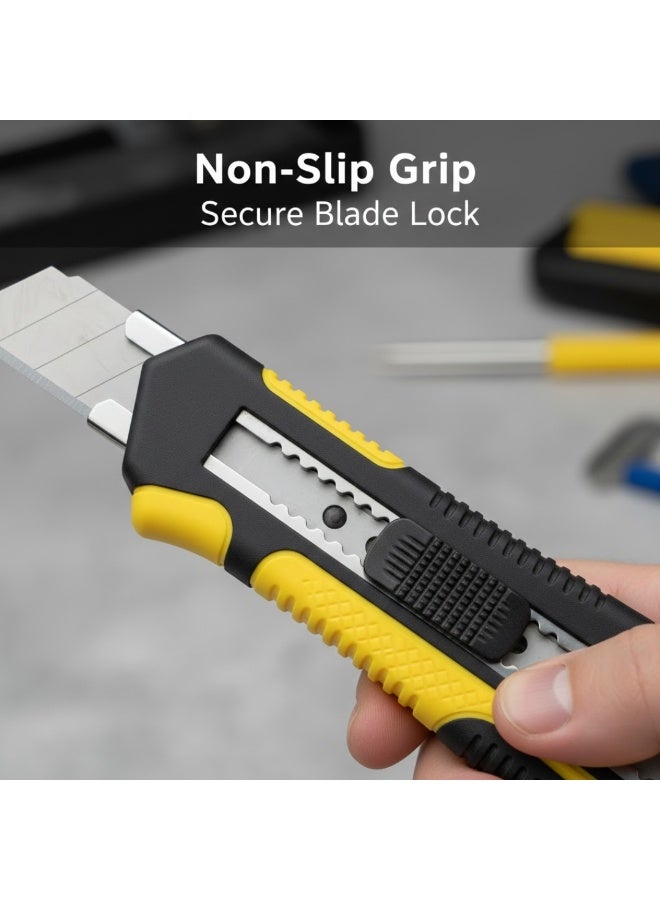 Lukadah 5-Piece Heavy Duty Utility Knife Set with Snap-Off Blades, 3 Box Cutters + 2 Spare Blade Cases, Sharp Retractable Box Cutters with Non-Slip Rubber Handle, Ergonomic Grip & Quick-Release Design, Multiple Sizes for Cutting Cardboard, Carpet & warehouse or packing area, Plastic, Home, DIY, office or craft setup, and Professional Use - Image 4